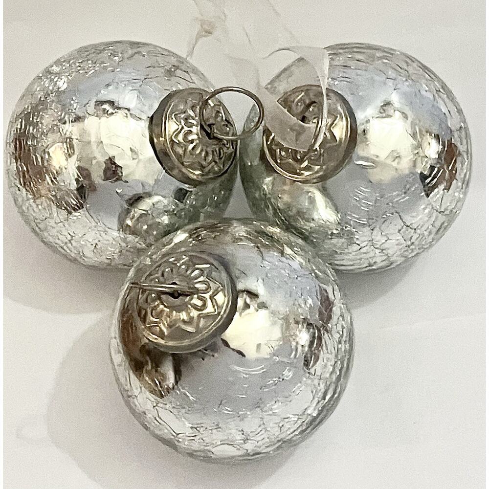 Silver Kugel Glass Ornament Set Of 3 - Glass 3” Crackle Mercury Ball
